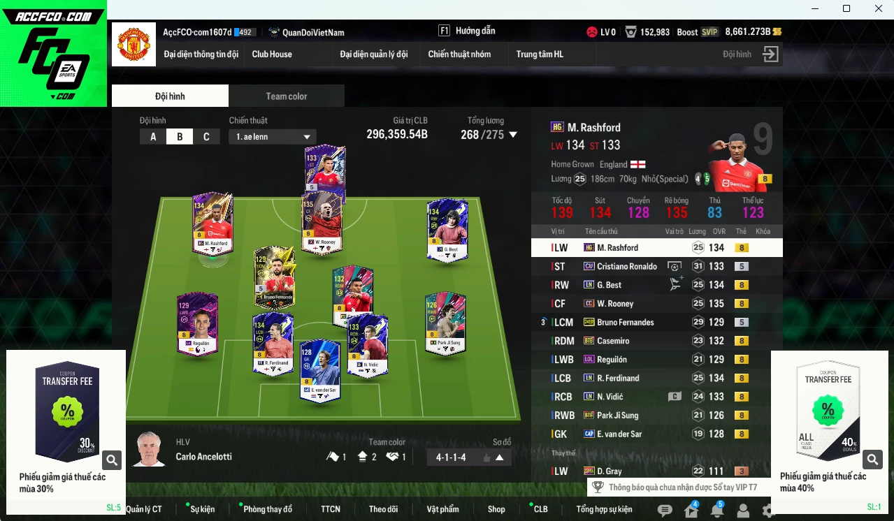 [ACC Rẻ🔥] Man Utd. 296.350b dư 8600b có CR7 CU, Rooney CC, Casemiro BTB, Vidic LN, Ferdinand LN, Best LN, Rashford HG, Bruno 24EP... HLV Xịn